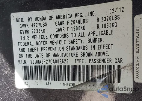 2012 Acura Tl из США, поврежденный, VIN 19UUA9F27CA008625